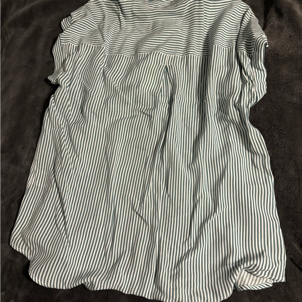 Casual Green and White Striped Women's Button Down Shirt - Picture 7 of 8